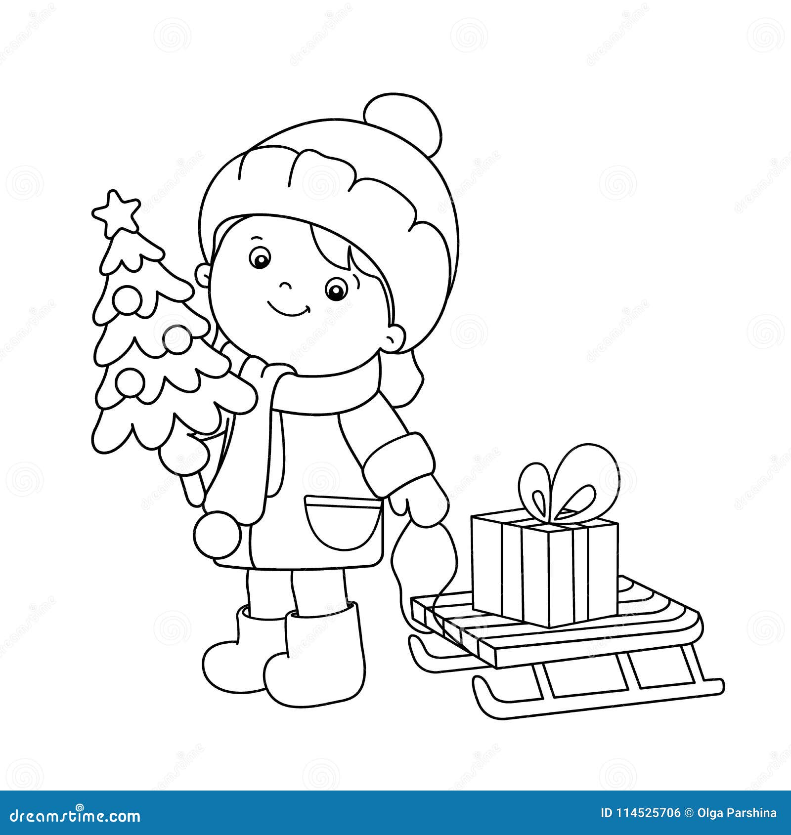 Profilo Della Pagina Di Coloritura Della Ragazza Con I Regali All Albero Di Natale Natale Nuovo Anno Libro Da Colorare Per I Bamb Illustrazione Vettoriale Illustrazione Di Saluto Fumetto