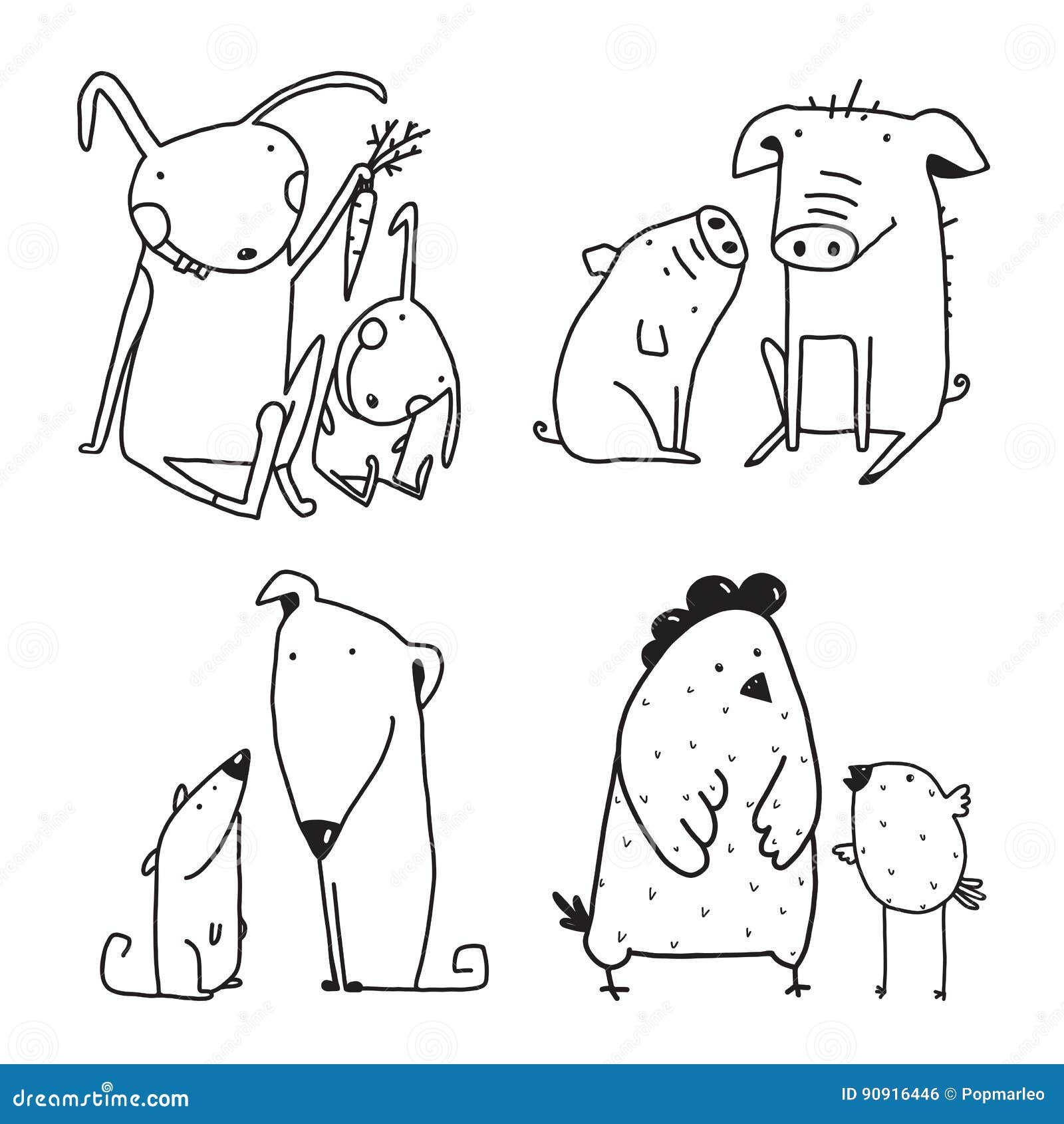 Profilo puerile di clipart del fumetto della famiglia del maiale del coniglio del cane del pollo per il libro da colorare