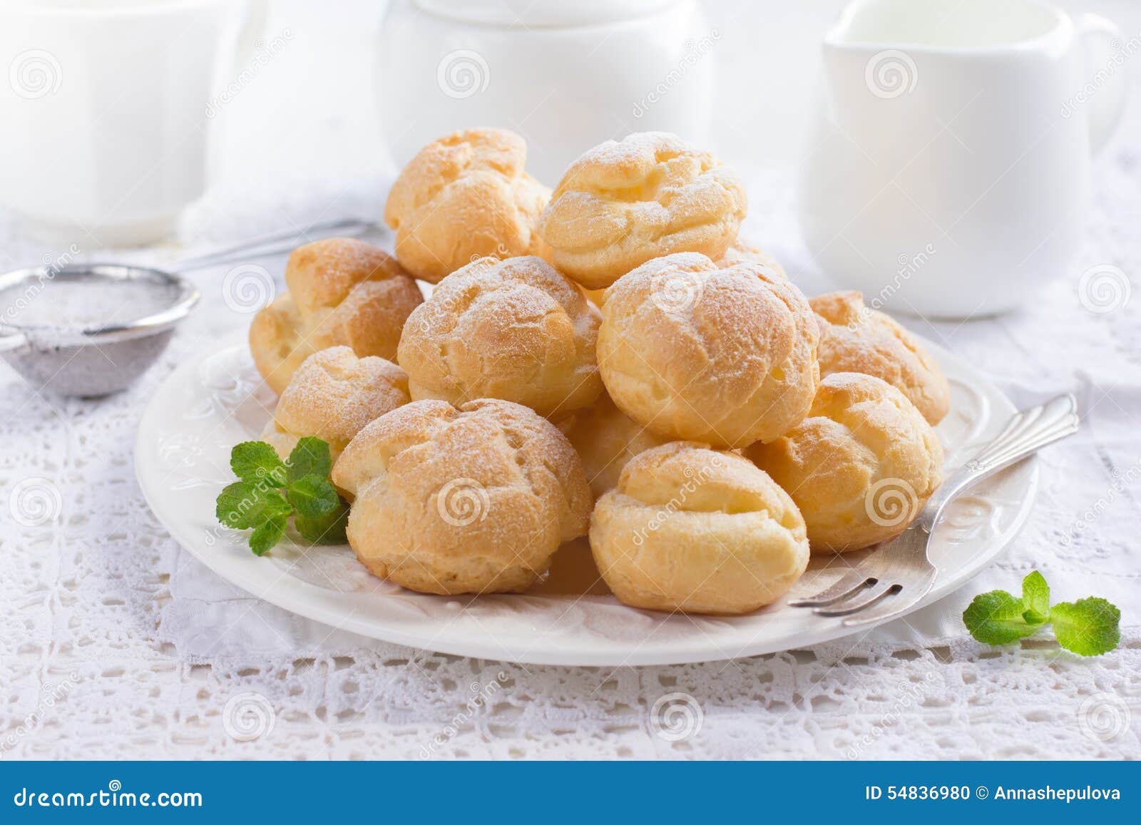 Profiteroles with Cream and Powdered Sugar Stock Photo Image of