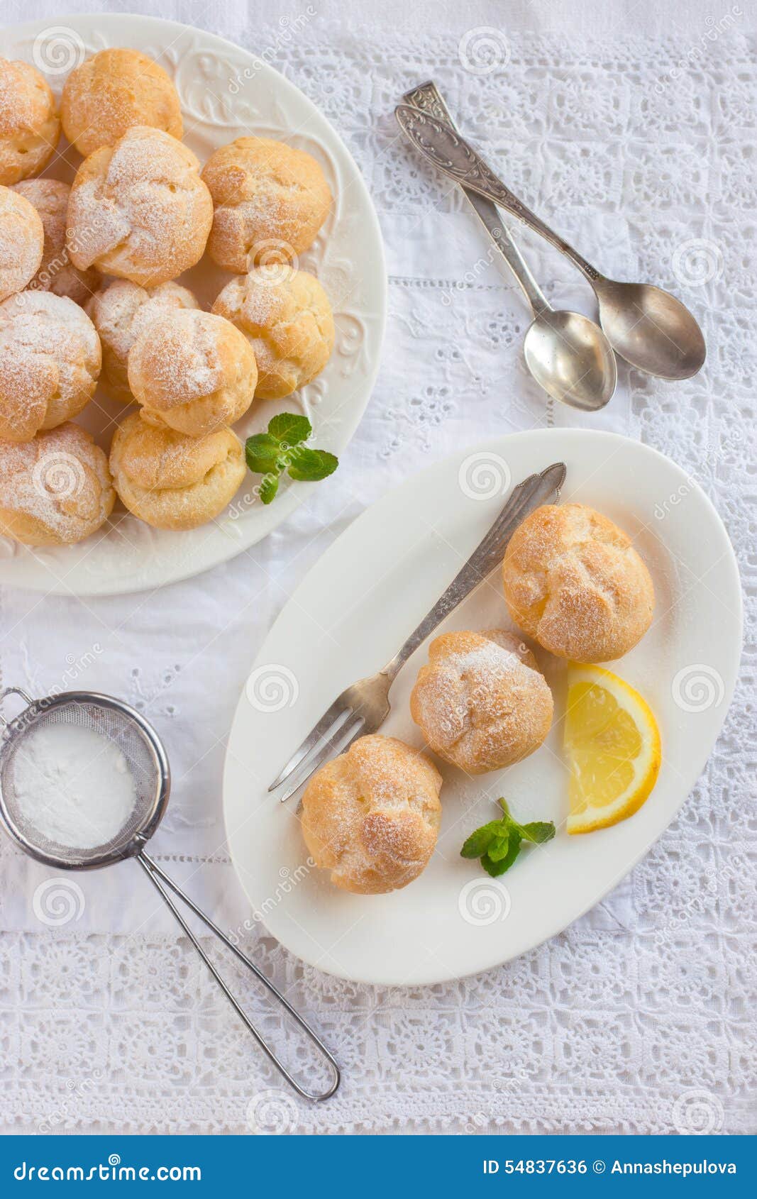 Profiteroles with Cream and Powdered Sugar Stock Photo Image of