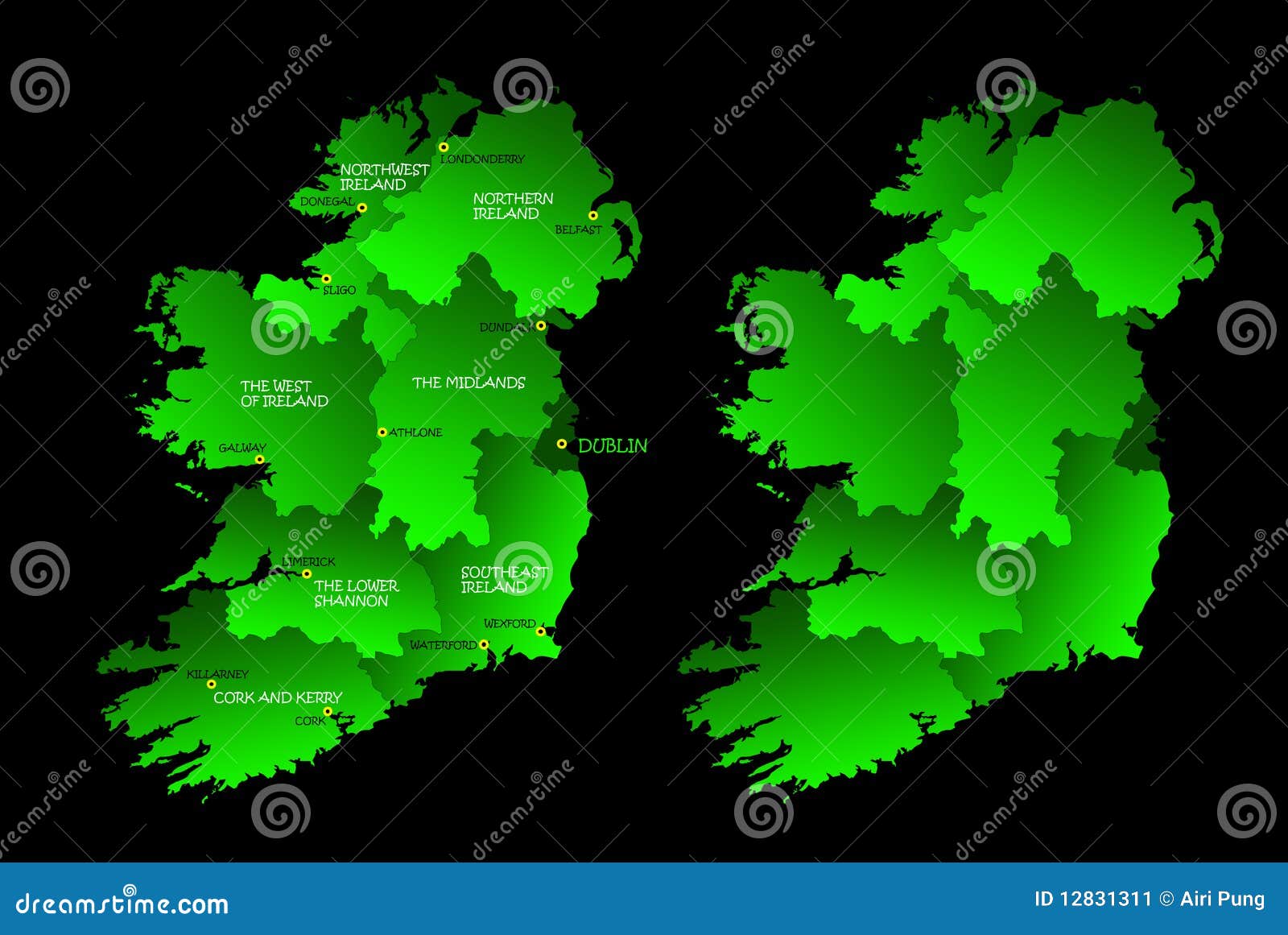 Un programma di intera Irlanda con le regioni sul continente colorato in verde e nelle città principali. Continente isolato su una priorità bassa nera. Illustrazione di vettore.