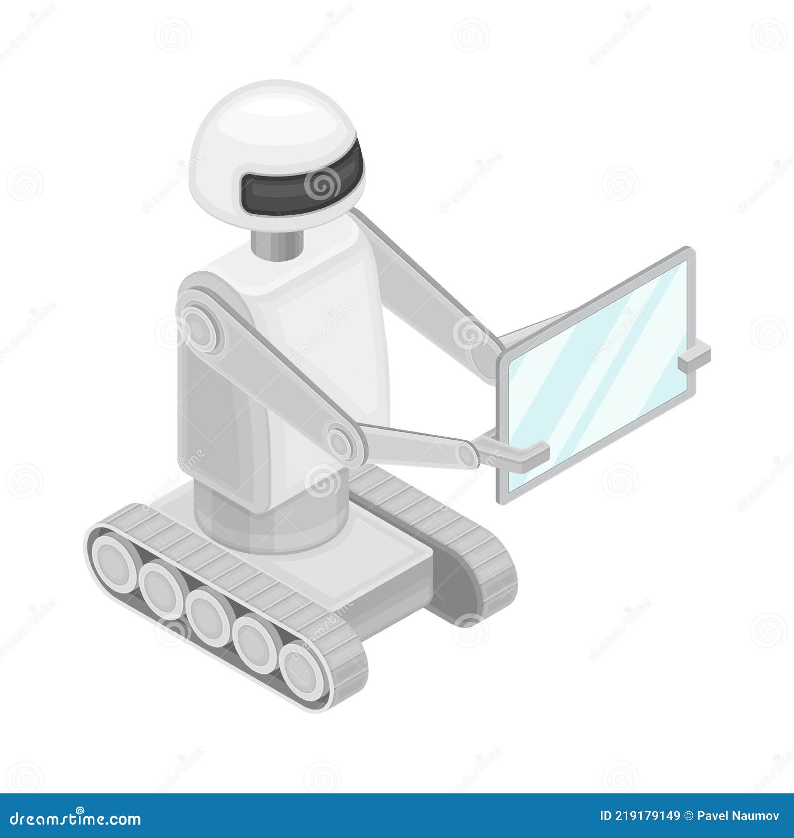 programmable robot machine holding screen as robotic technology and electronic equipment with artificial intelligence