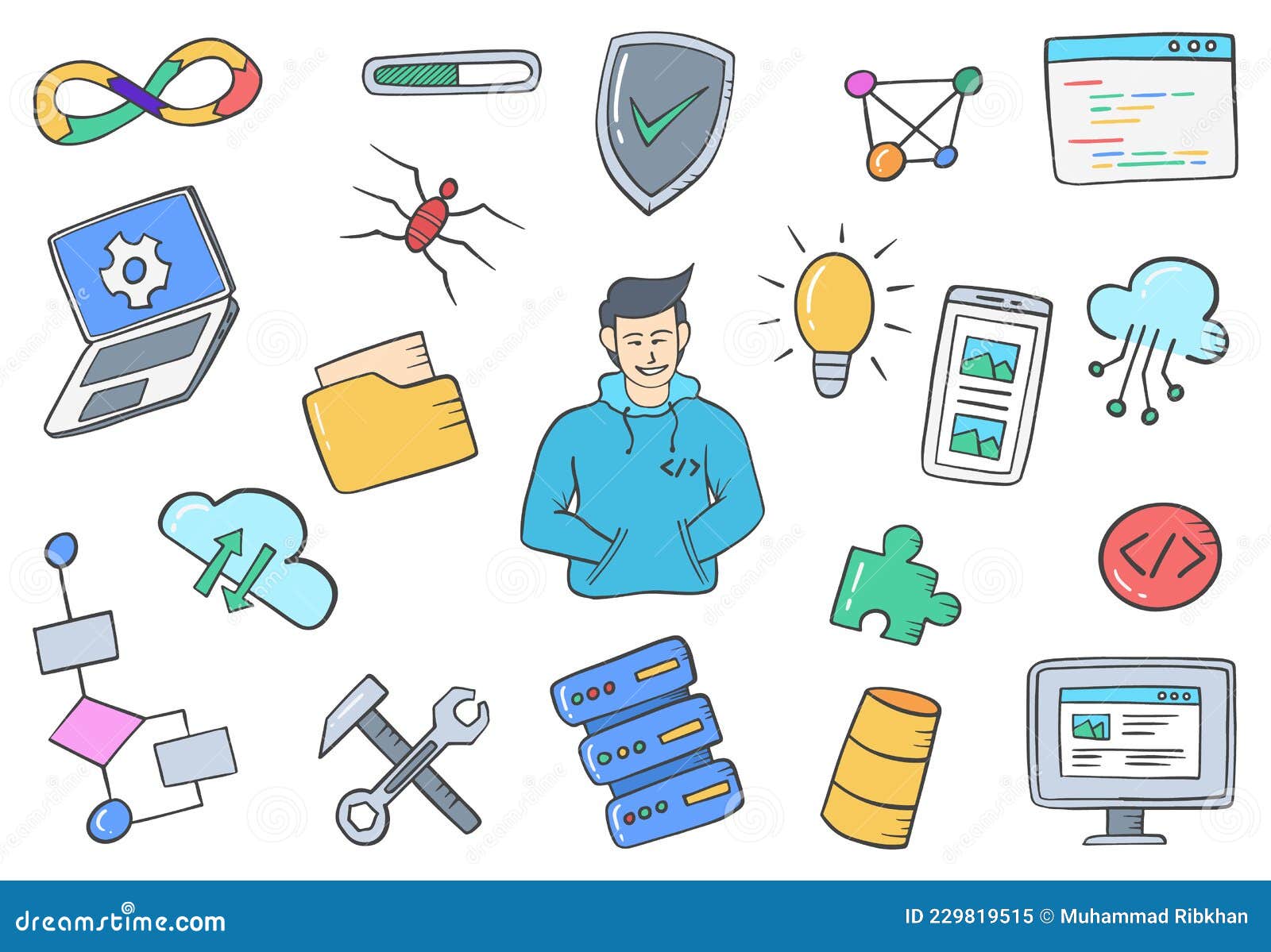 Programmer or App Developer Jobs Profession Doodle Hand Drawn Set Collections with Flat Outline