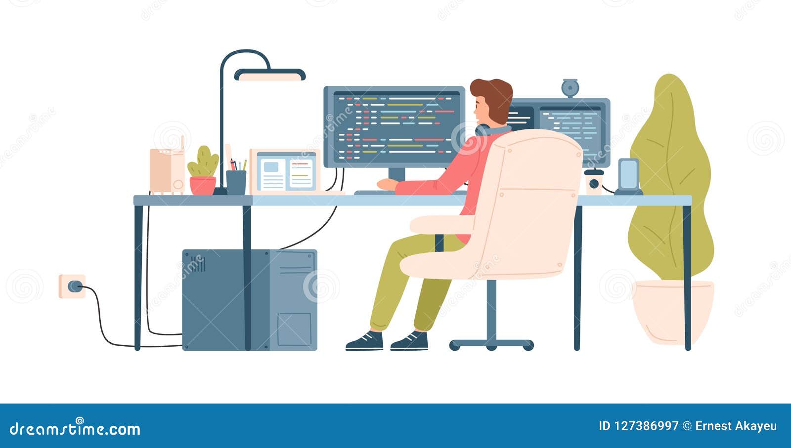 programmer, coder, web developer or software engineer sitting at desk and working on computer or programming. workplace