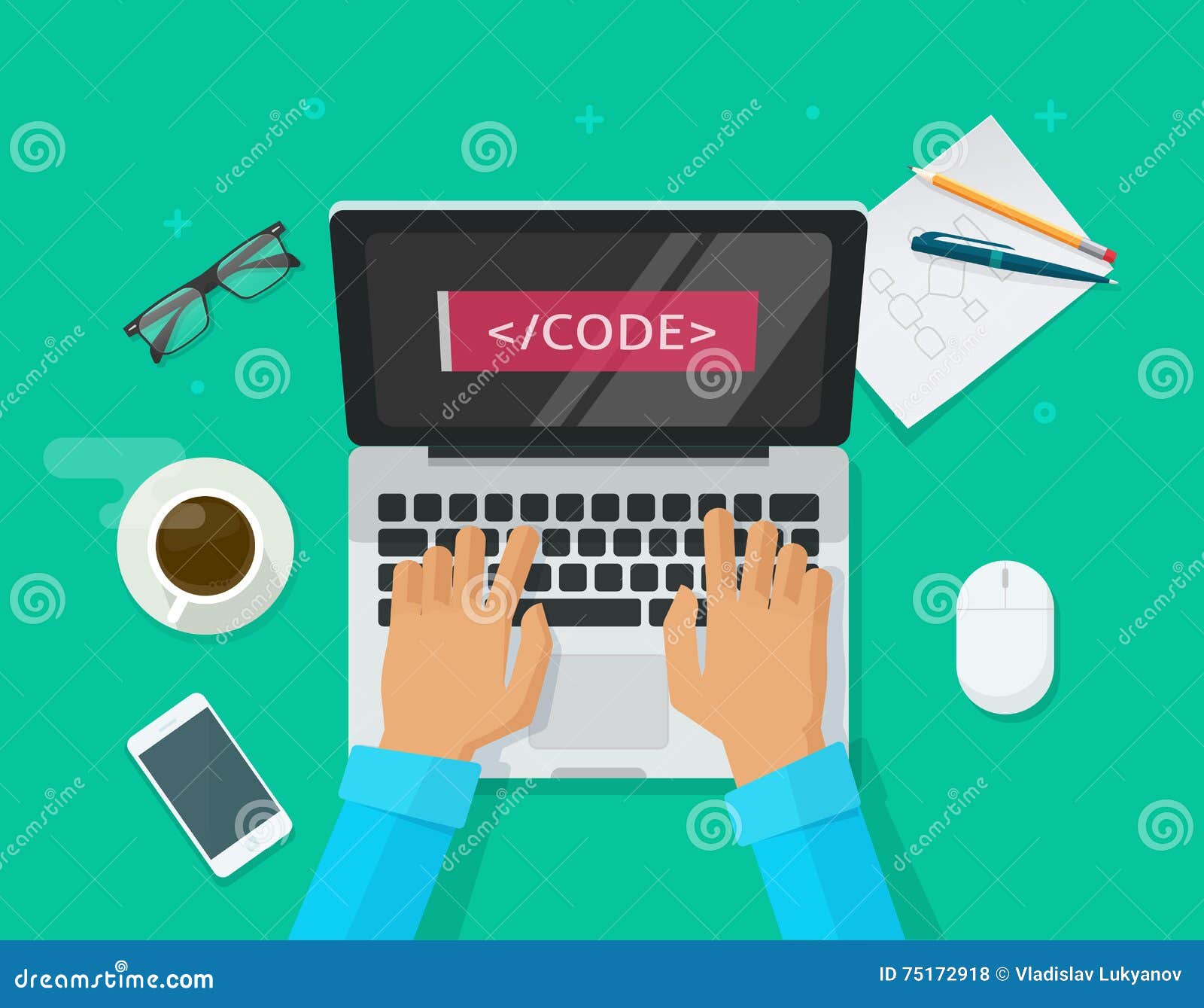 programmer coding, laptop computer, work desk, freelancer sitting on table