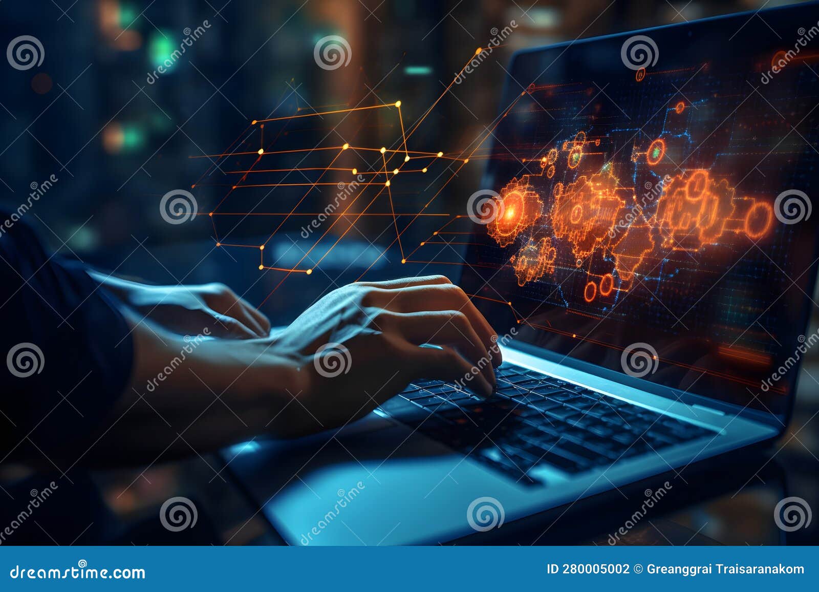 Programmer Hand Using Laptop Analyzing Data on Futuristic Virtual