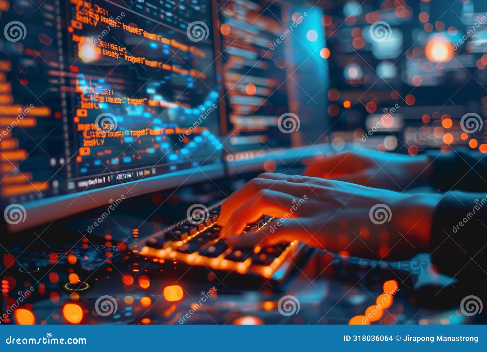 Programmer is Hands on Keyboard Writing Source Code, on Screen Monitor ...