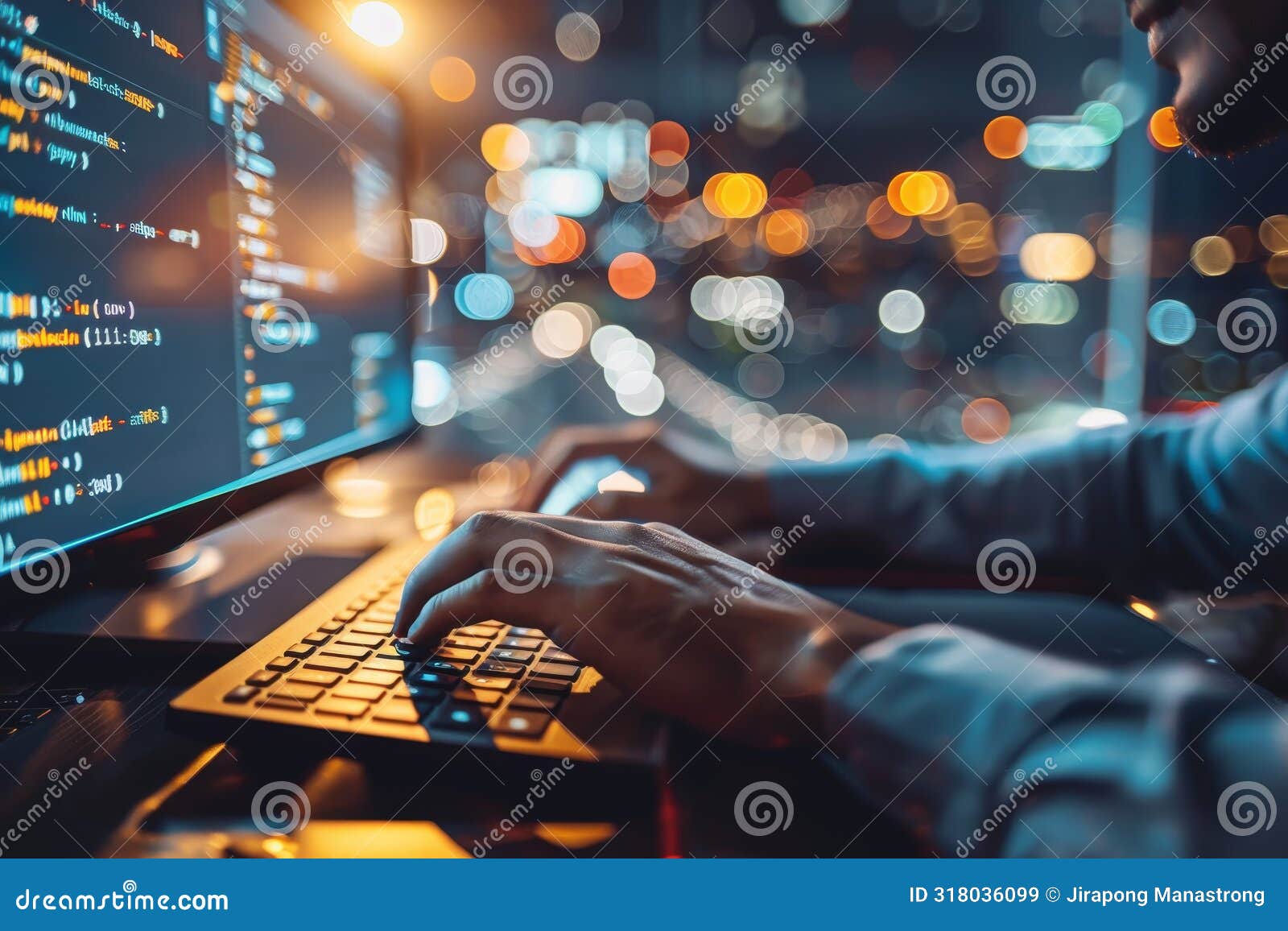 Programmer is Hands on Keyboard Writing Source Code, on Screen Monitor ...