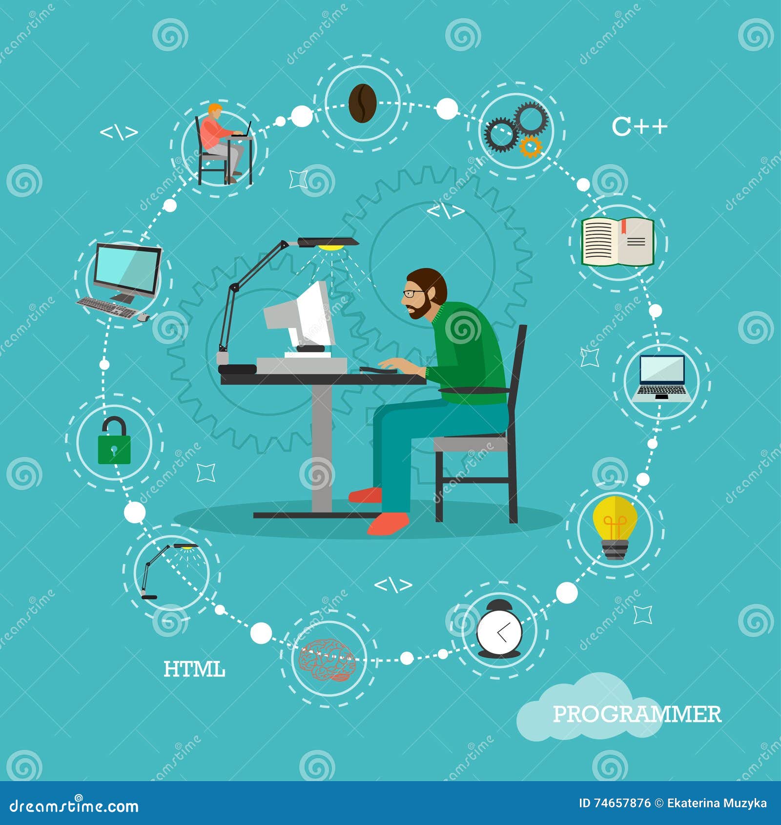 Programmer Sit On A Chair And Working With Computer Stock