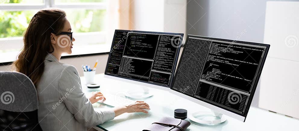 Programmer Woman Coding stock photo. Image of space - 222252324
