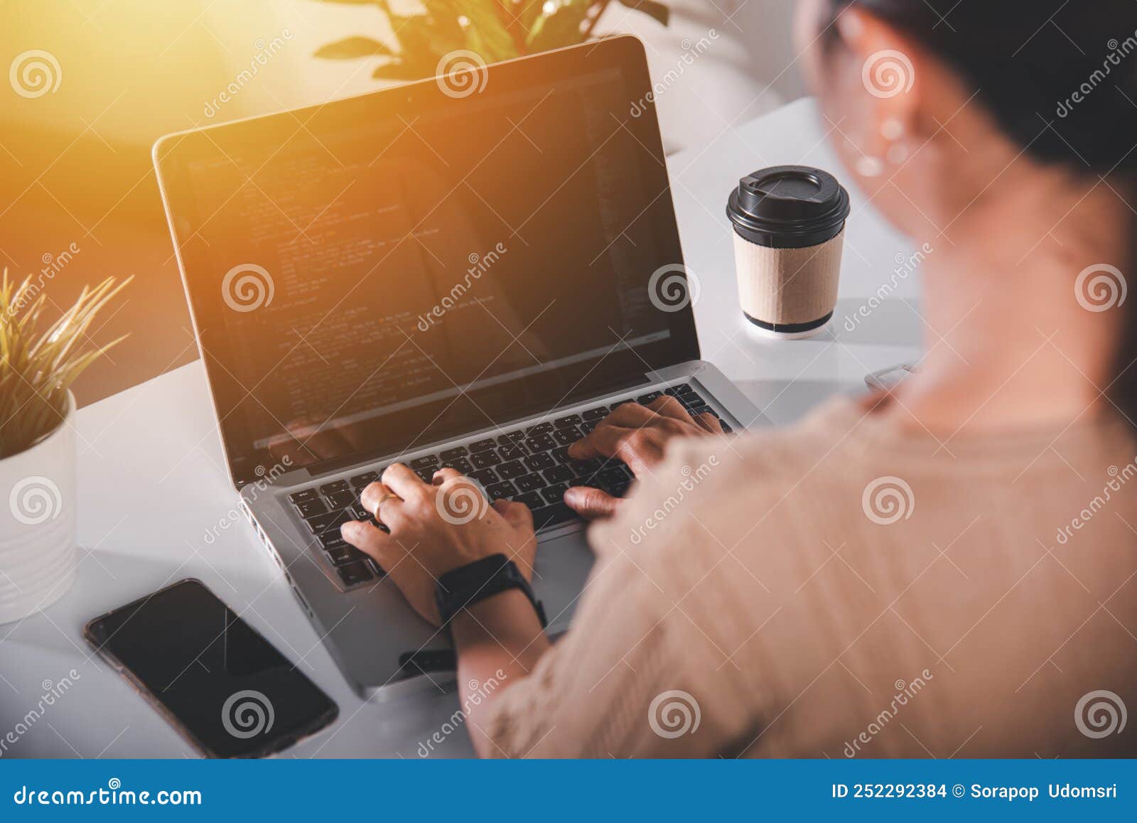 Programmer Woman Writing Program Code Sitting at Workplace in Office ...