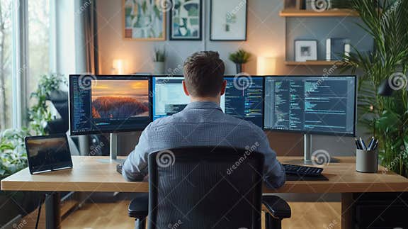 Programmer Working on Code at Home Office Desk with Multiple Monitors ...