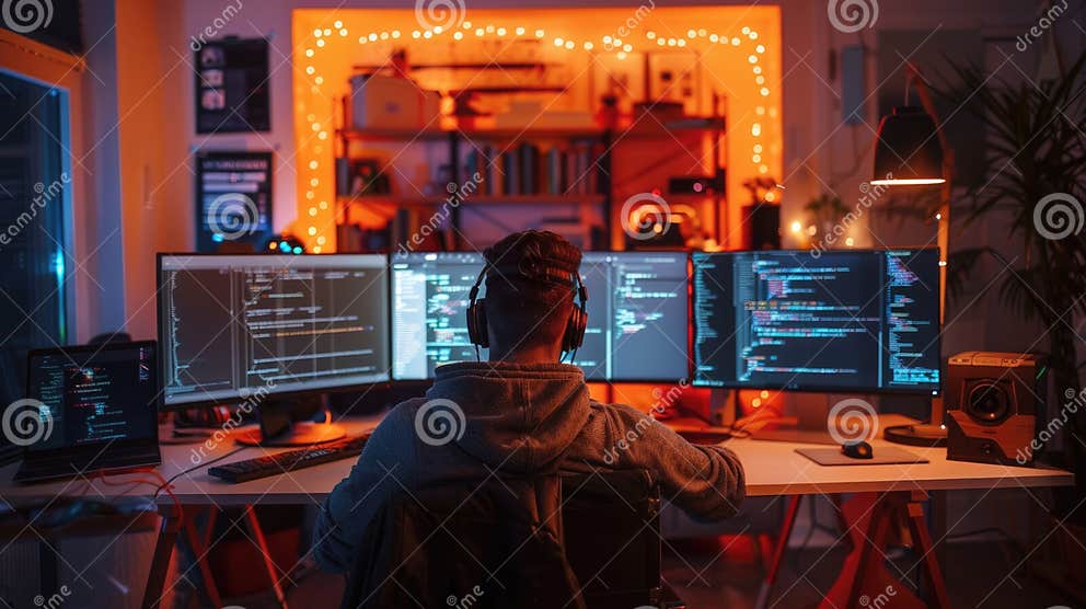 A Programmer Working from a Home Office with Multiple Screens To ...