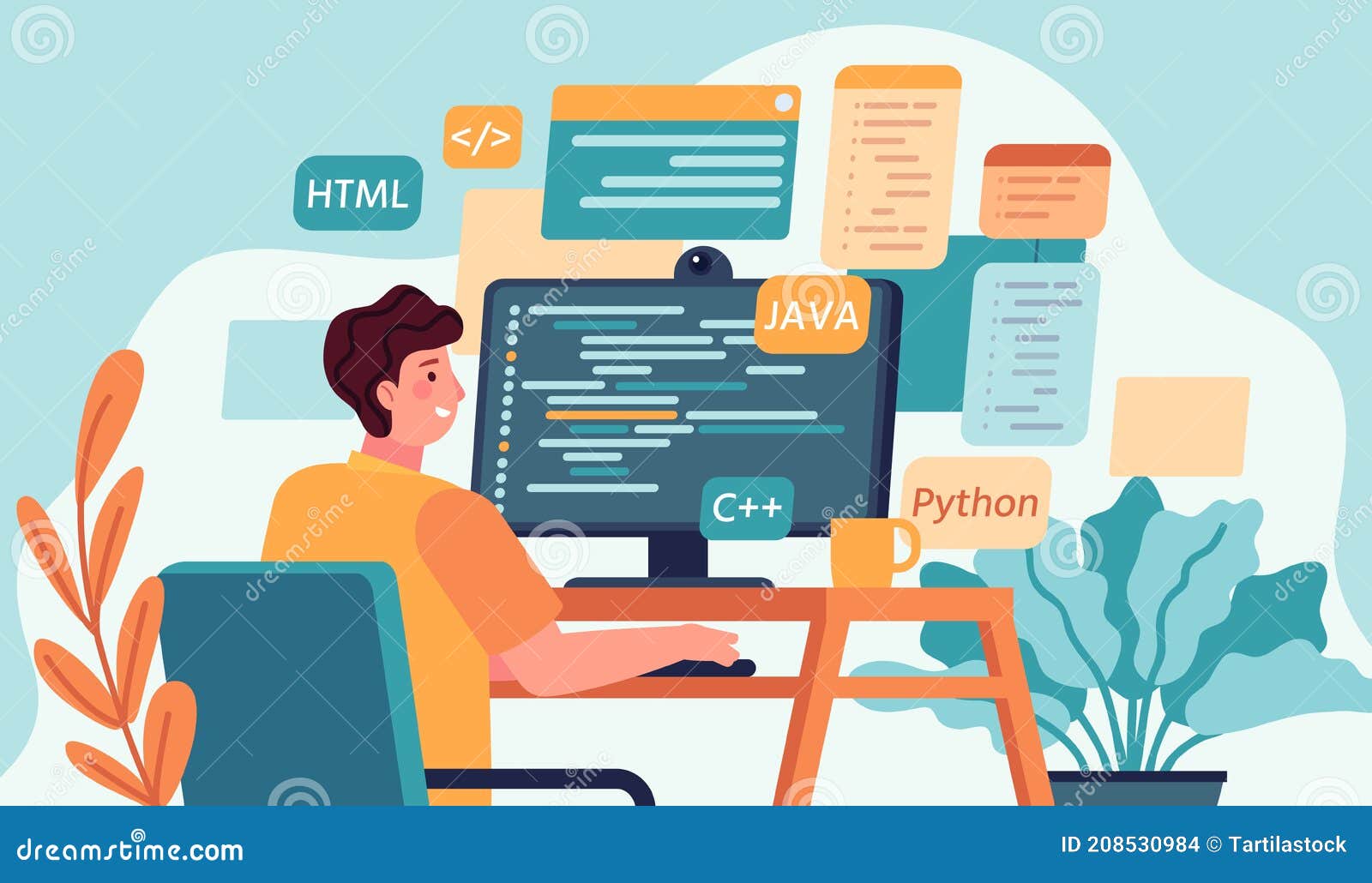 programmer working. program or web developer coding on computer. screen with code, script and open windows. coder