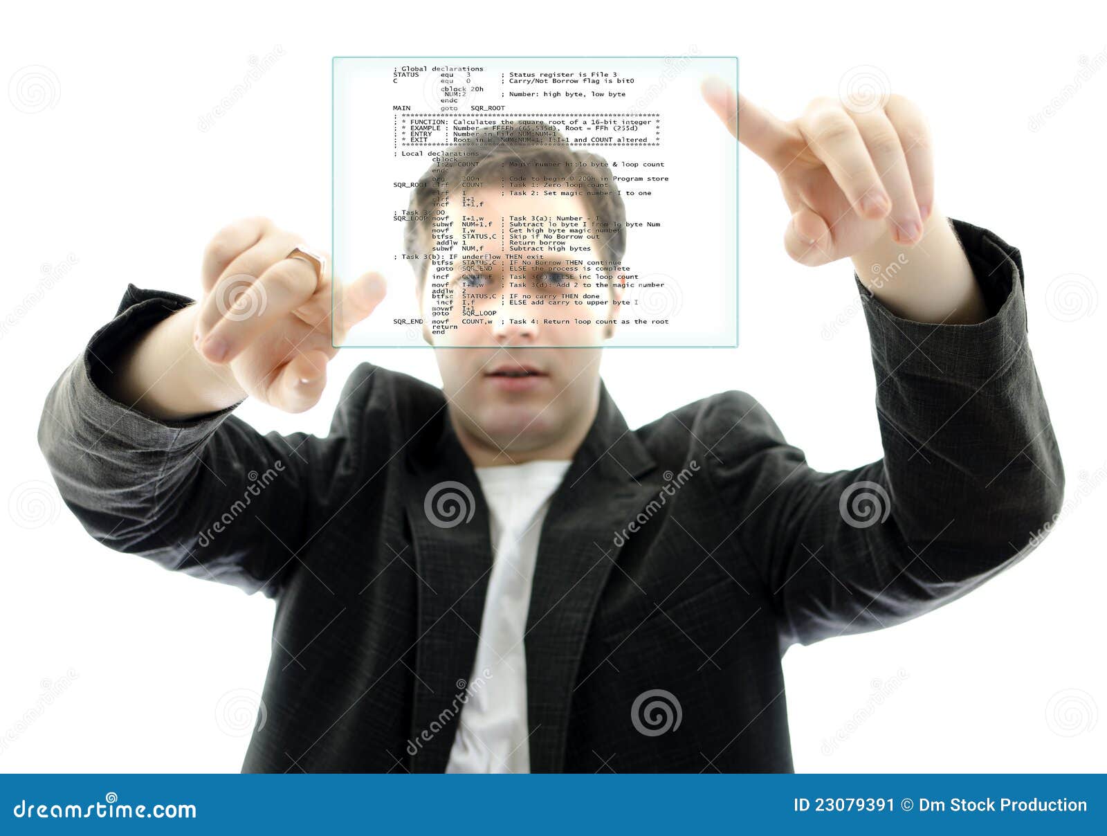 Programmer working with a touch screen interface. Isolated on white.