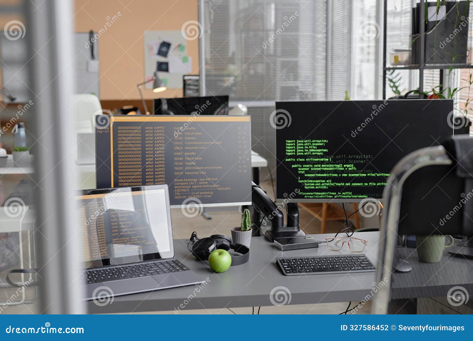 Programming Code on Computers in Empty Office Stock Illustration ...