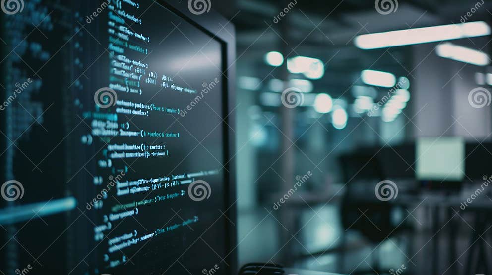 Programming Code on Screen in Contemporary Tech Office Workspace Stock ...