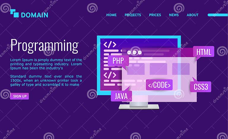Programming Landing Page Design. PC with Program Code and Icons Java ...