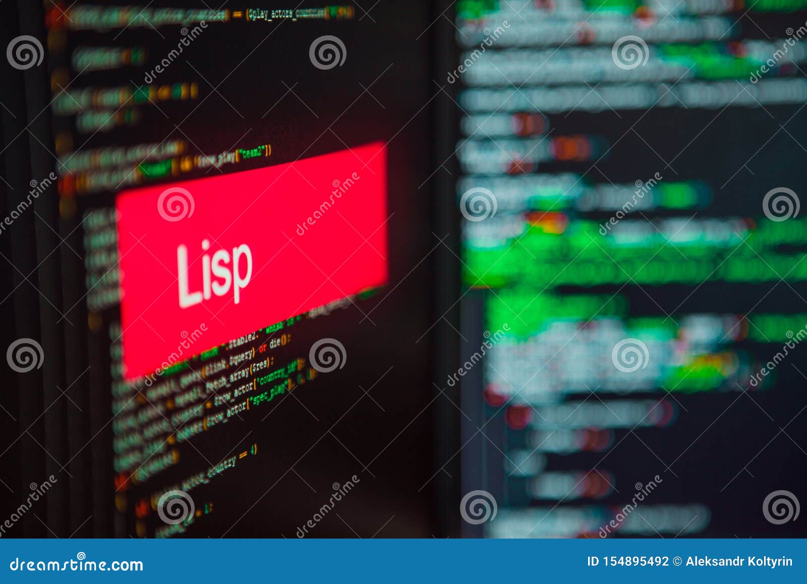 programming language, lisp inscription on the background of computer code.