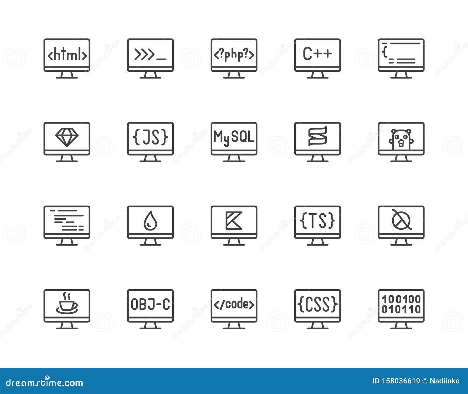 programming languages flat line icons set. html code, php, java language, python on computer desktop 