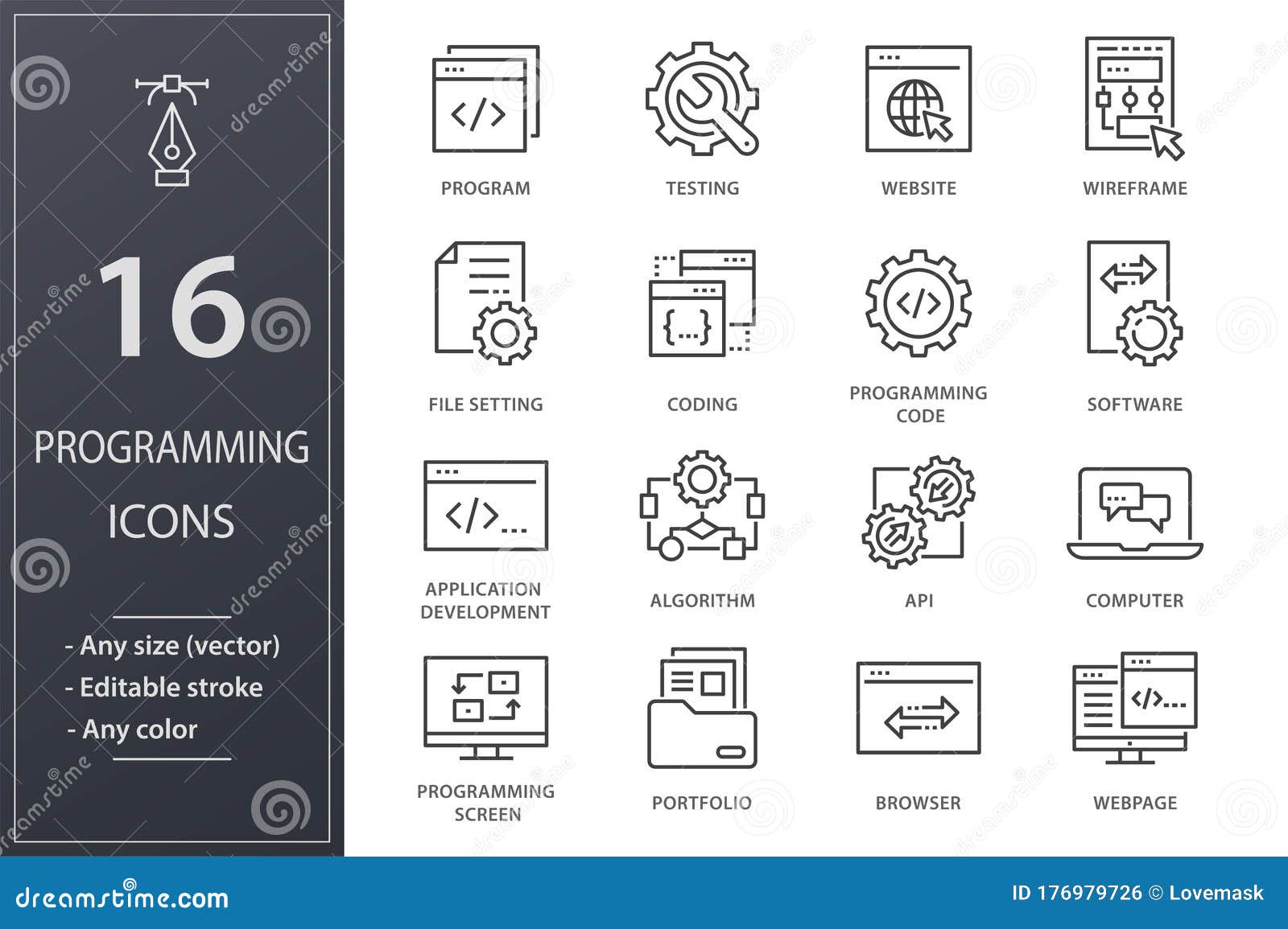Programming Line Icons Set. Black Vector Illustration. Editable Stroke ...