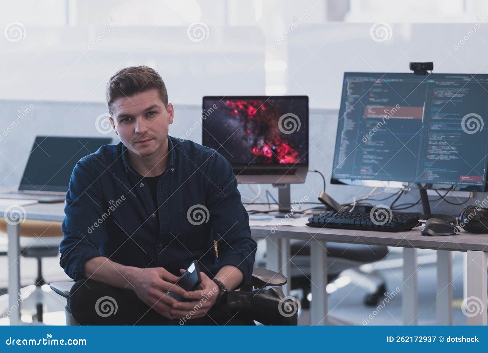 Programming. Man Working on Computer in it Office, Sitting at Desk ...