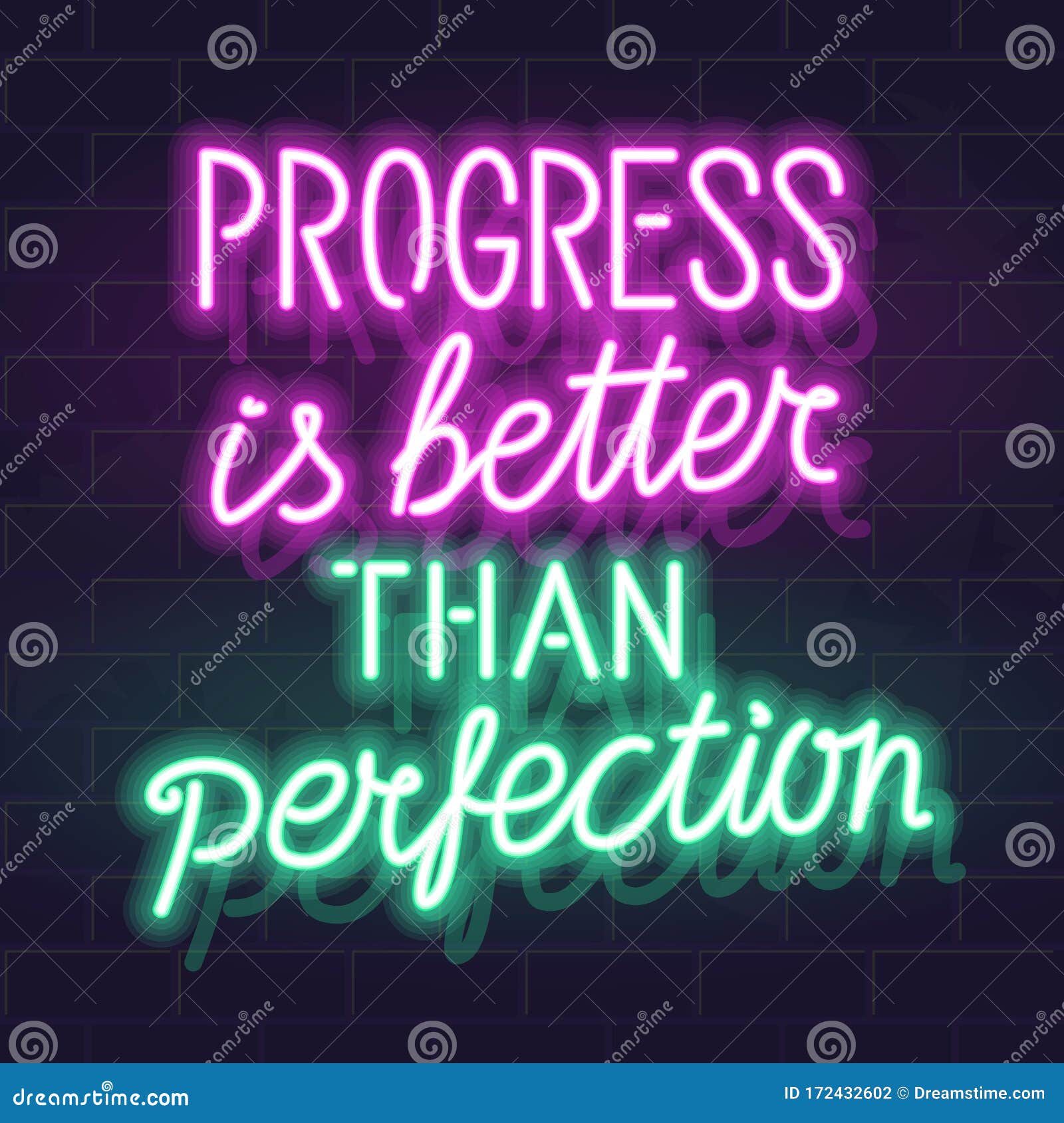 Progress is Better Than Perfection Handwritten Neon Lettering. Glowing