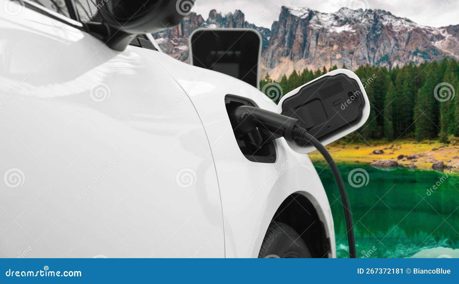Progressive Travel Concept by EV Car in Remote Mountain with Charging