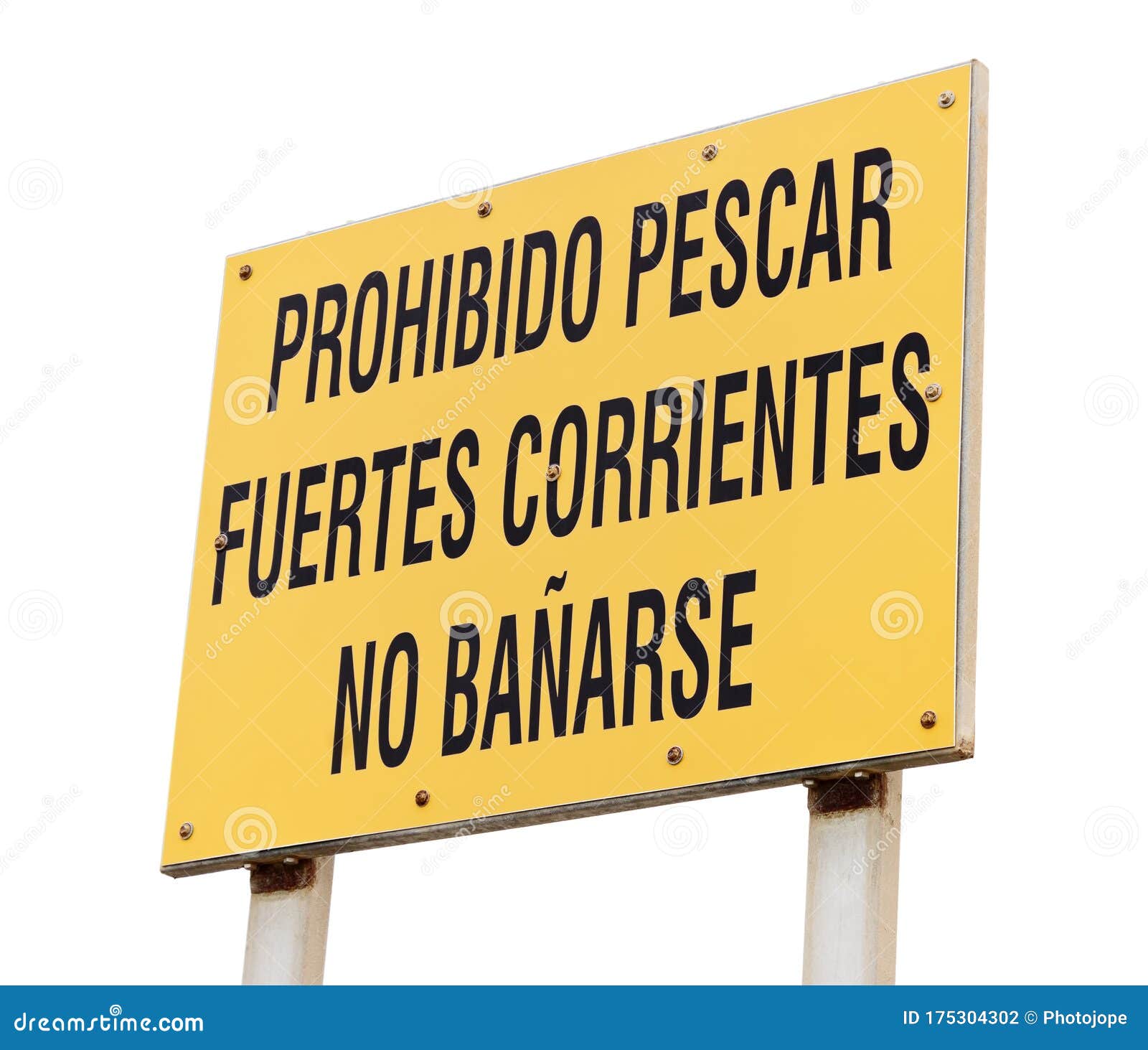 prohibido pescar, fuertes corrientes, no baÃÂ±arse yellow sign. no fishing, strong currents, no swimming in spanish signboard