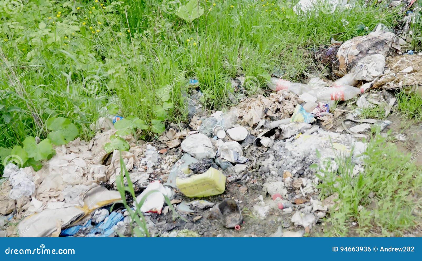 Prohibited Waste Dump in the Woods. Garbage Laying on the Ground Stock