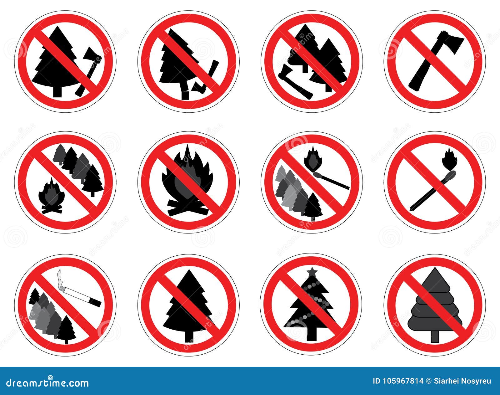 prohibition signs of action in forest with trees, set, .