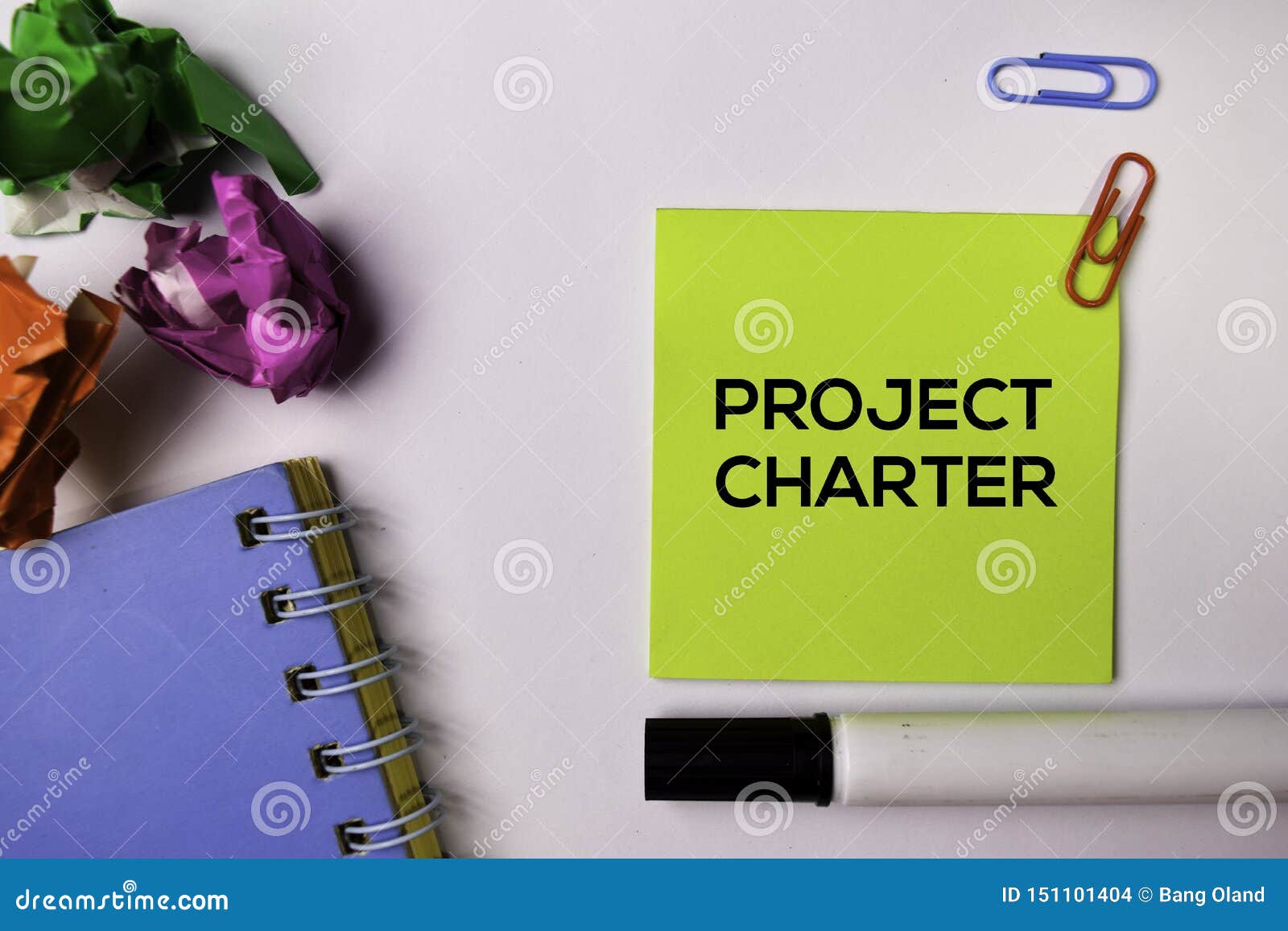 project charter on sticky notes  on white background