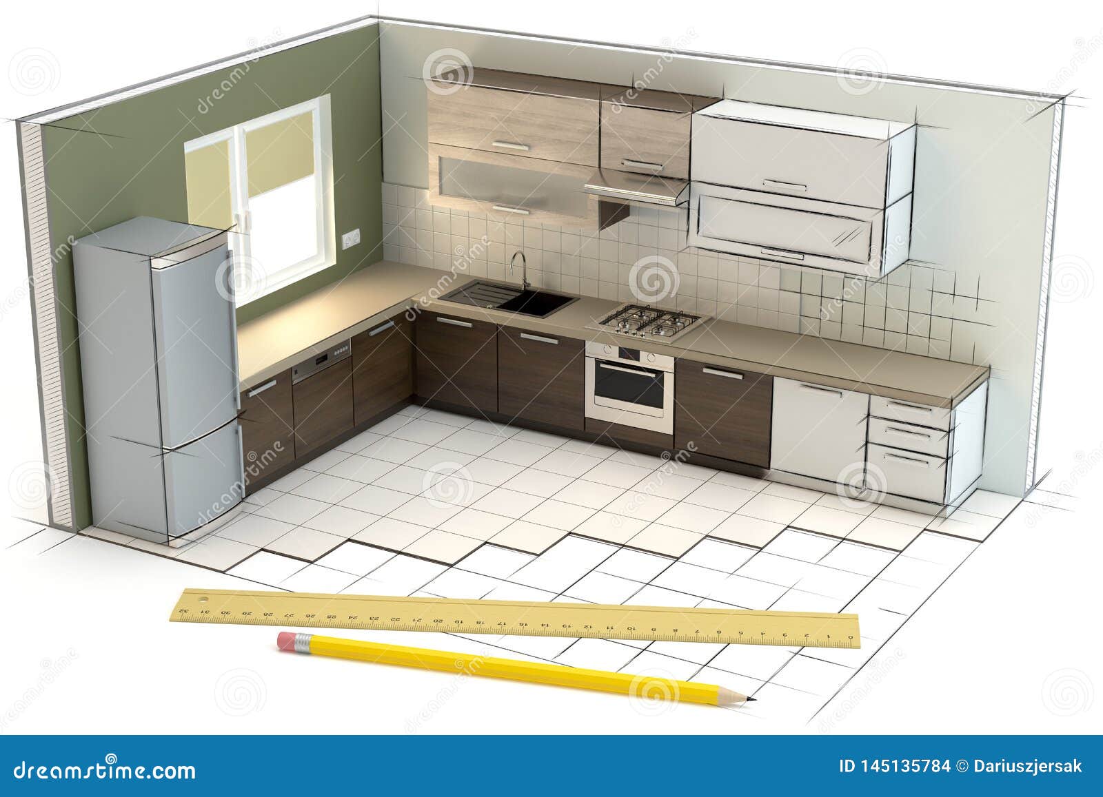 Project of the Kitchen, 3D Illustration Stock Illustration ...