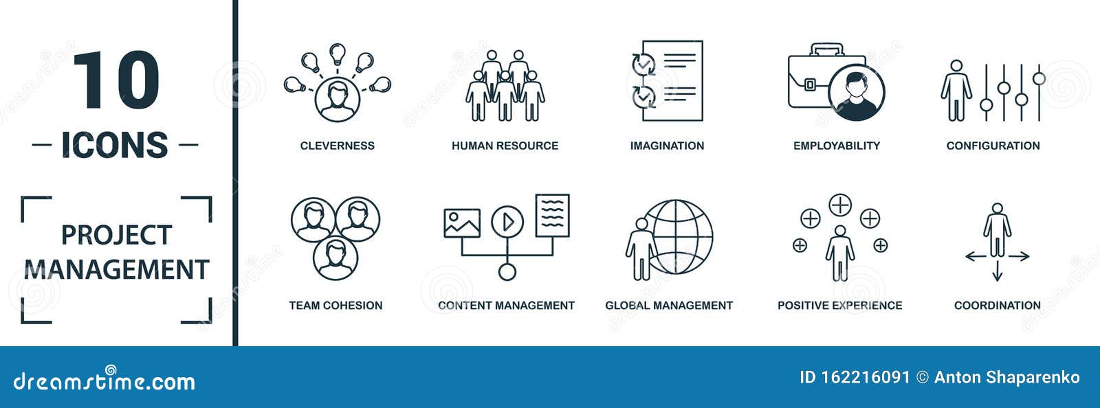 project management icon set. include creative s goal seeking, virtual team, budget, global management, team cohesion icons