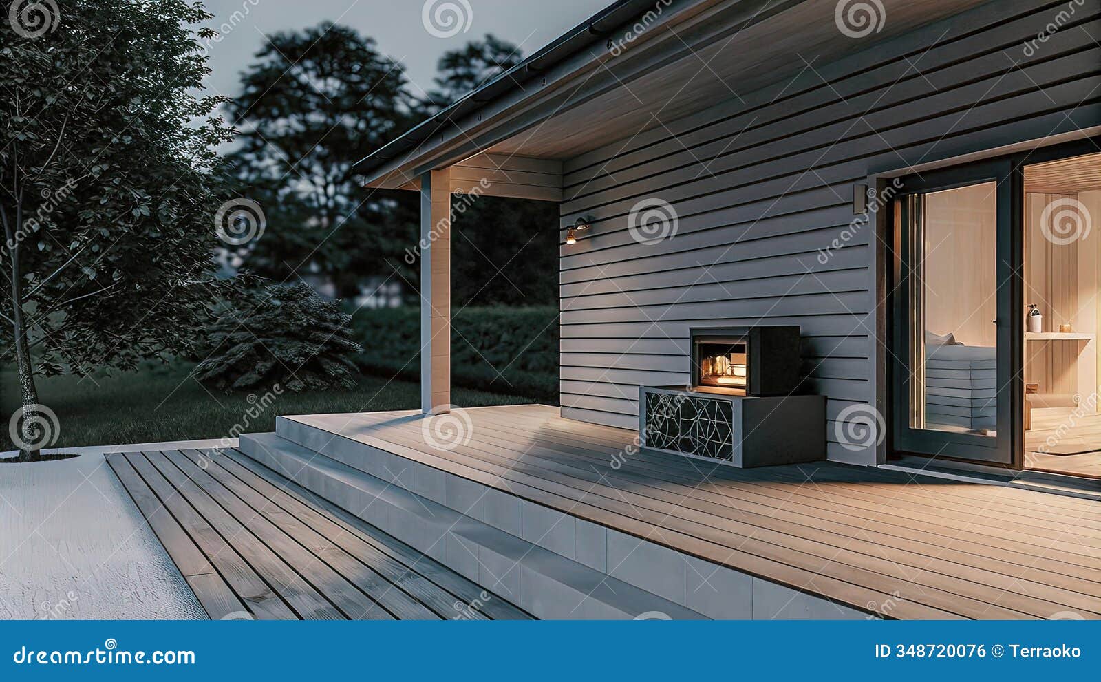 project of terrace under a canopy with wooden floor, table and chairs and outdoor fireplace near the house, house garden