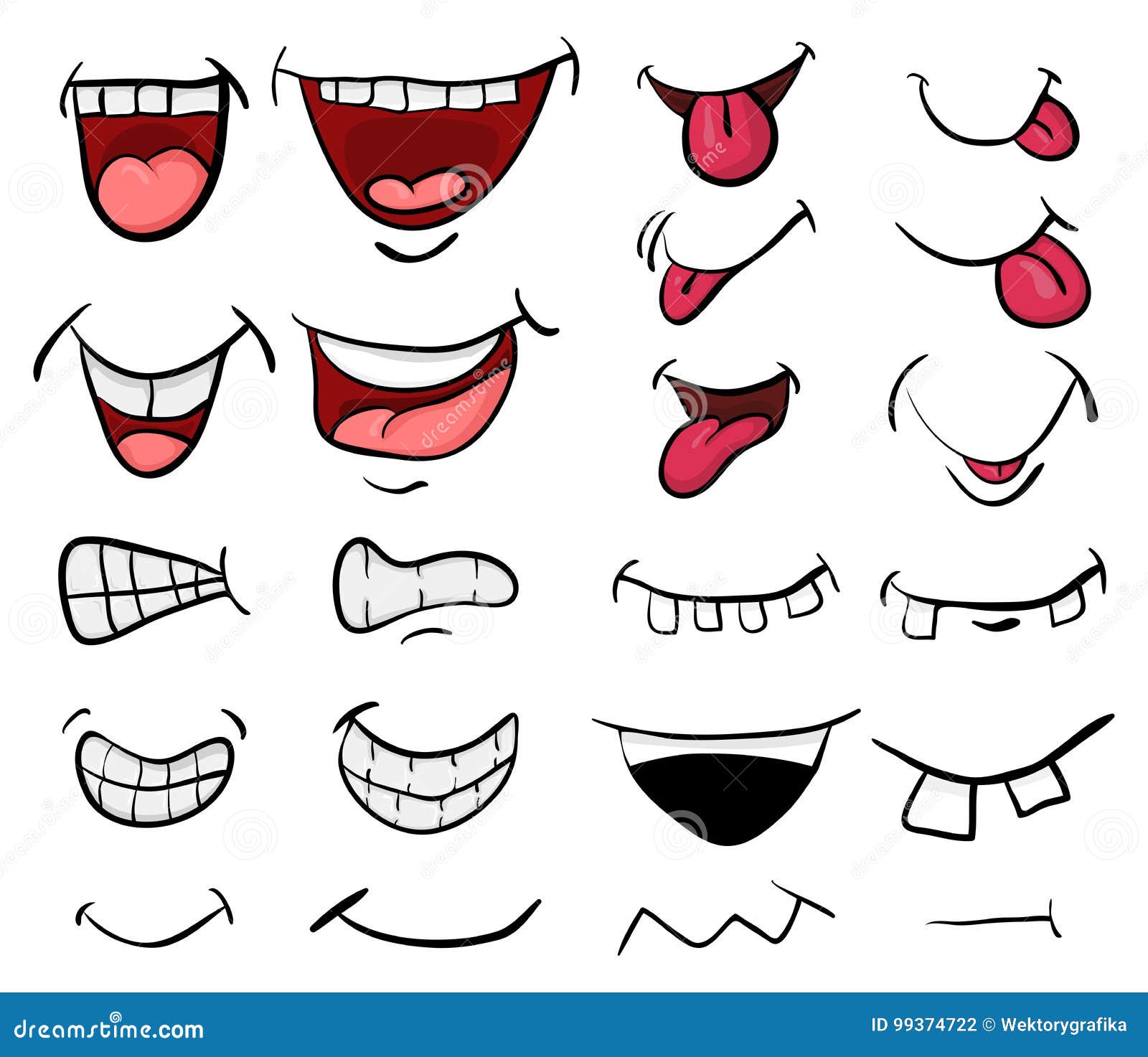 Vetores de Coleção De Elementos De Boca Dos Desenhos Animados Mostrar A  Língua Sorrir Com Os Dentes Emoções Expressivas Bocas E Fonemas Set Vector  A Sorrir e mais imagens de Boca 