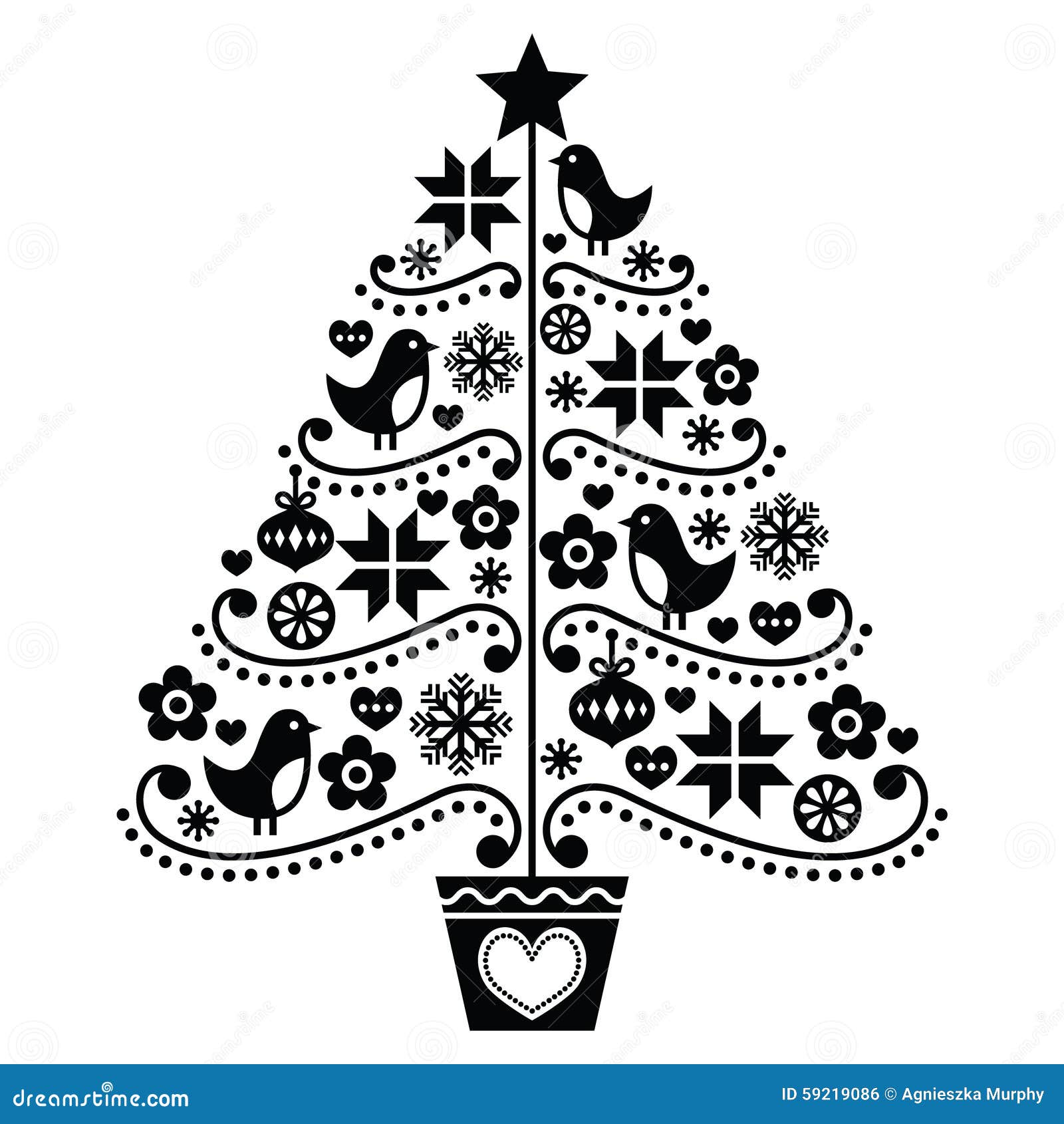 Projeto Da árvore De Natal - Estilo Popular Com Pássaros, Flores E Flocos  De Neve Ilustração Stock - Ilustração de flores, folclore: 59219086