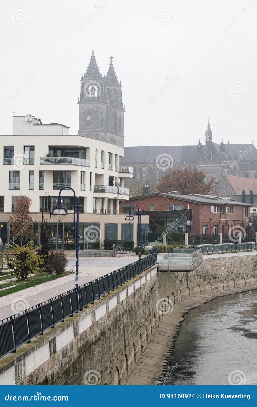 Promenade on the River Elbe in Magdeburg with the Magdeburg Cathedral