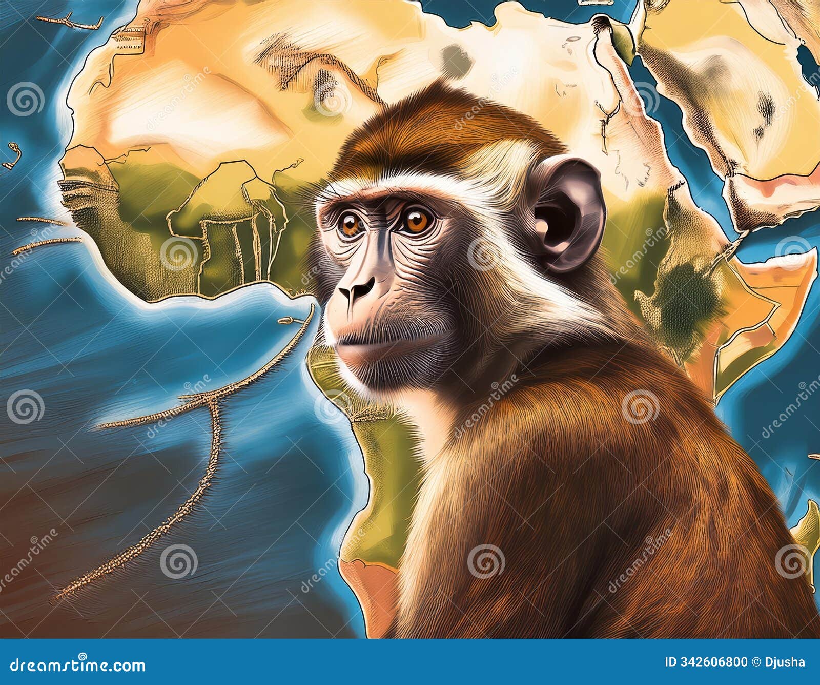 prominent monkey in front of africa's map. showcasing nature's beauty and immense biodiversity. emphasizing
