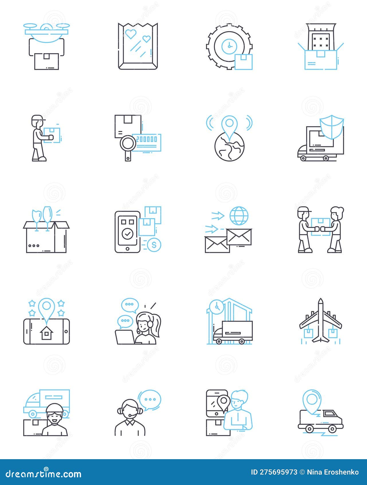 prompt delivery linear icons set. swiftness, efficiency, rapidity, punctuality, expediency, alacrity, timeliness line