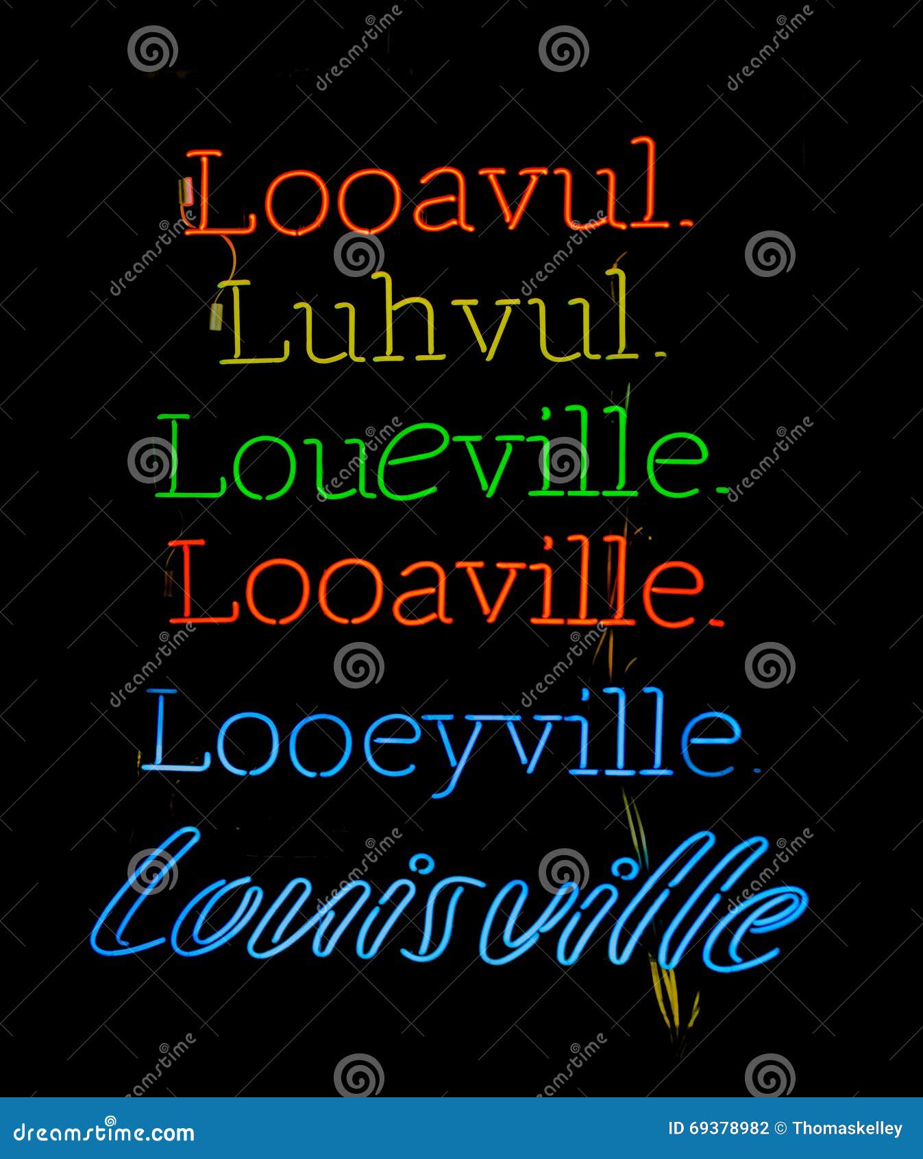 Louisville tourism neon sign with various ways to pronounce Louisville  Stock Photo - Alamy