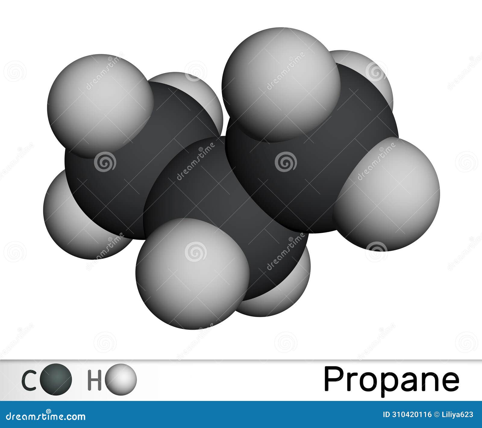 propane c3h8 molecule. it is three-carbon alkane, molecular model. 3d rendering