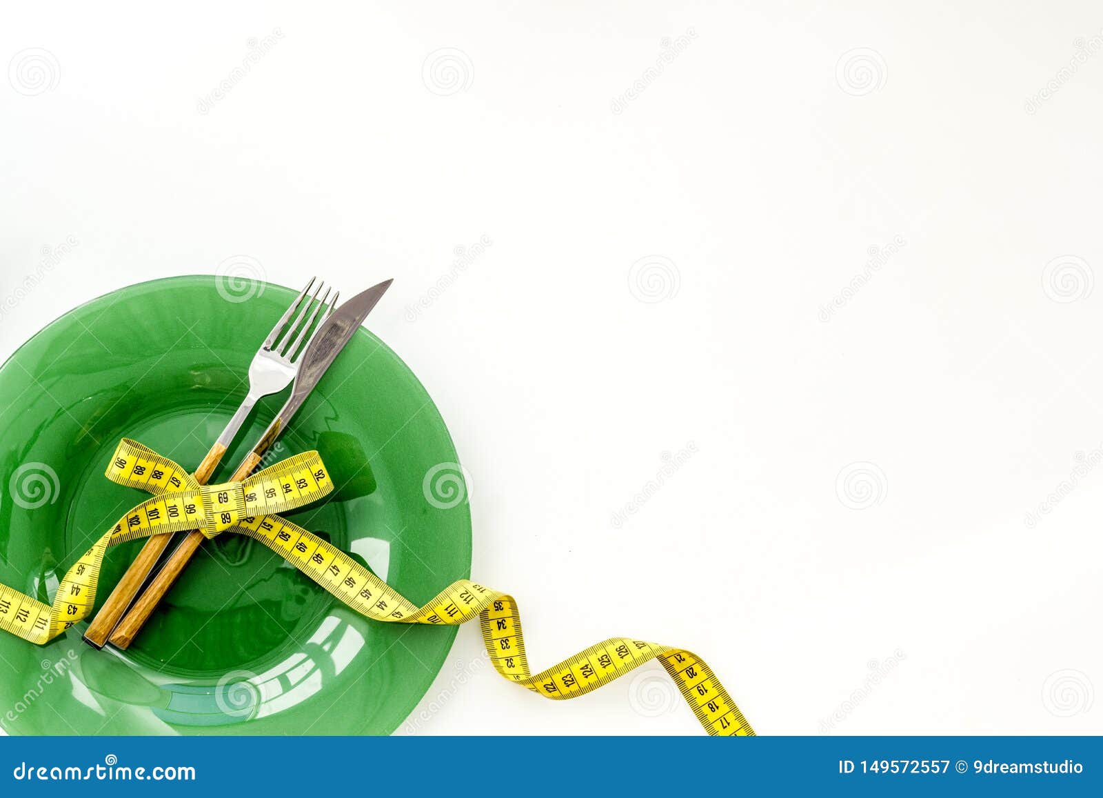 Download Slim Concept With Plate, Flatware And Measuring Tape On White Background Top View Mockup Stock ...