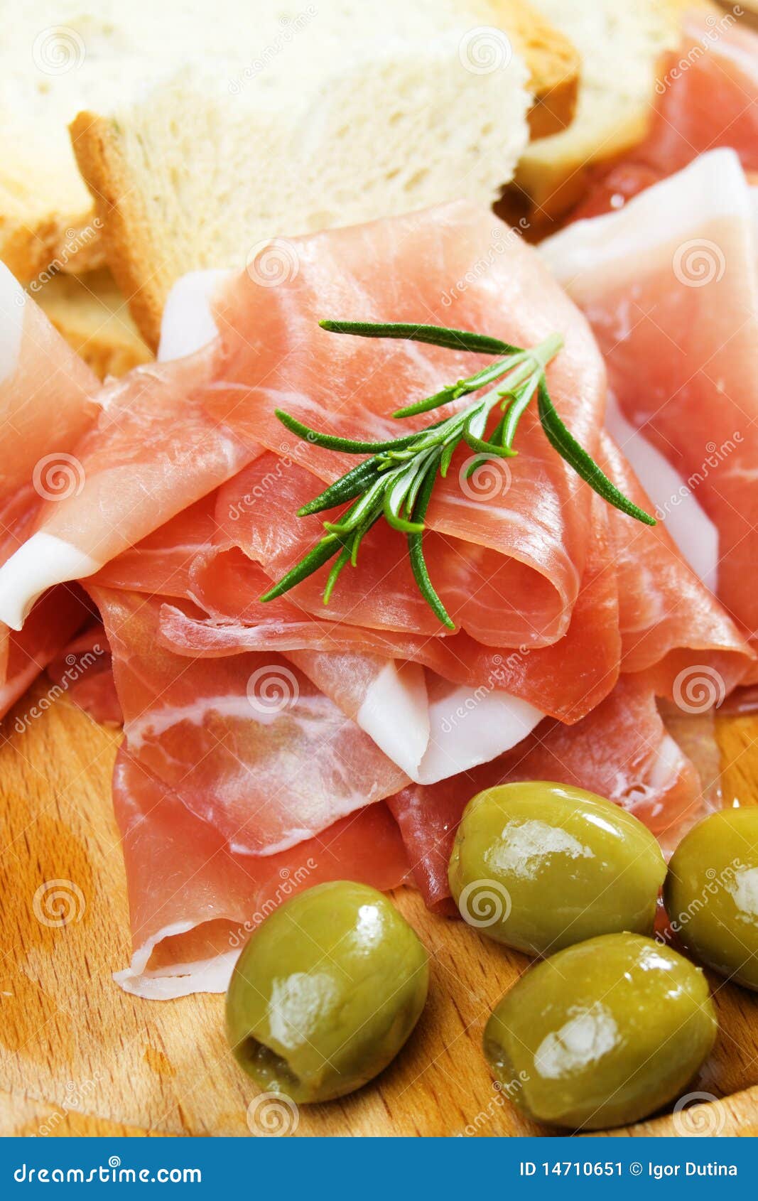 Prosciutto with Bread and Olive Stock Image Image of green, meat