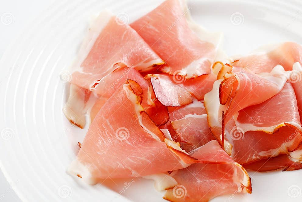 Prosciutto crudo ham stock photo. Image of slice, close 13449904