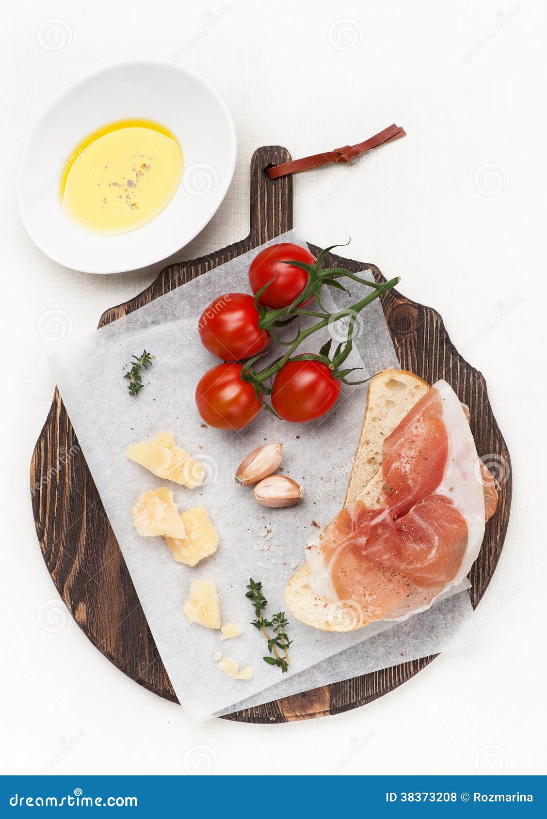 Prosciutto Ham, Ciabatta, Parmesan and Olive Oil Stock Photo Image of