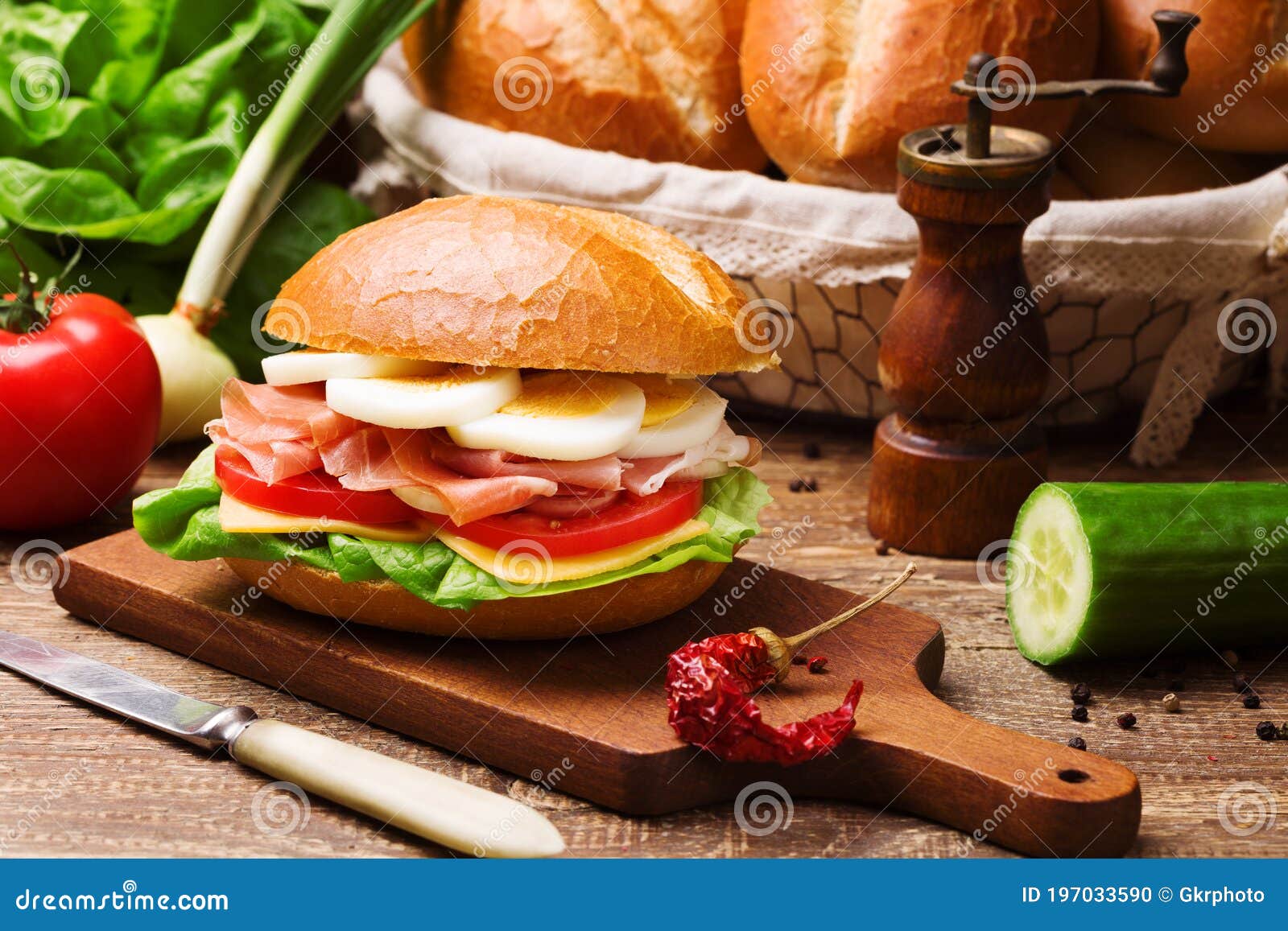 Prosciutto Ham Sandwich with Egg and Vegetables Stock Photo Image of