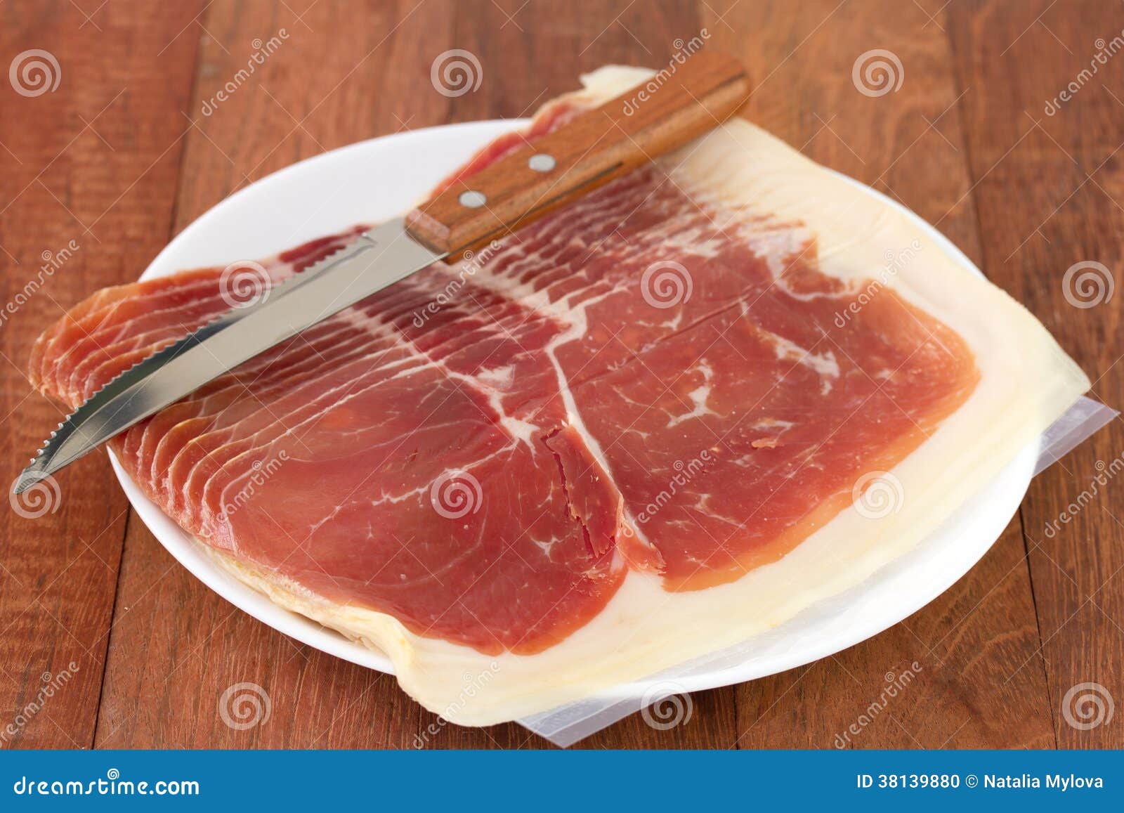 Prosciutto with Knife on Plate Stock Photo Image of parma, spanish
