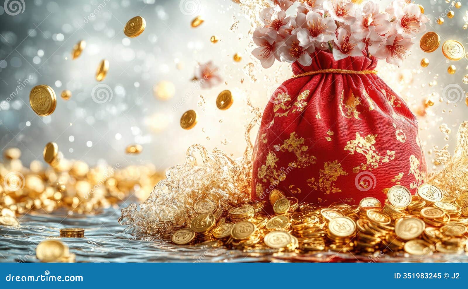 prosperity and abundance: floral bag of gold coins in motion