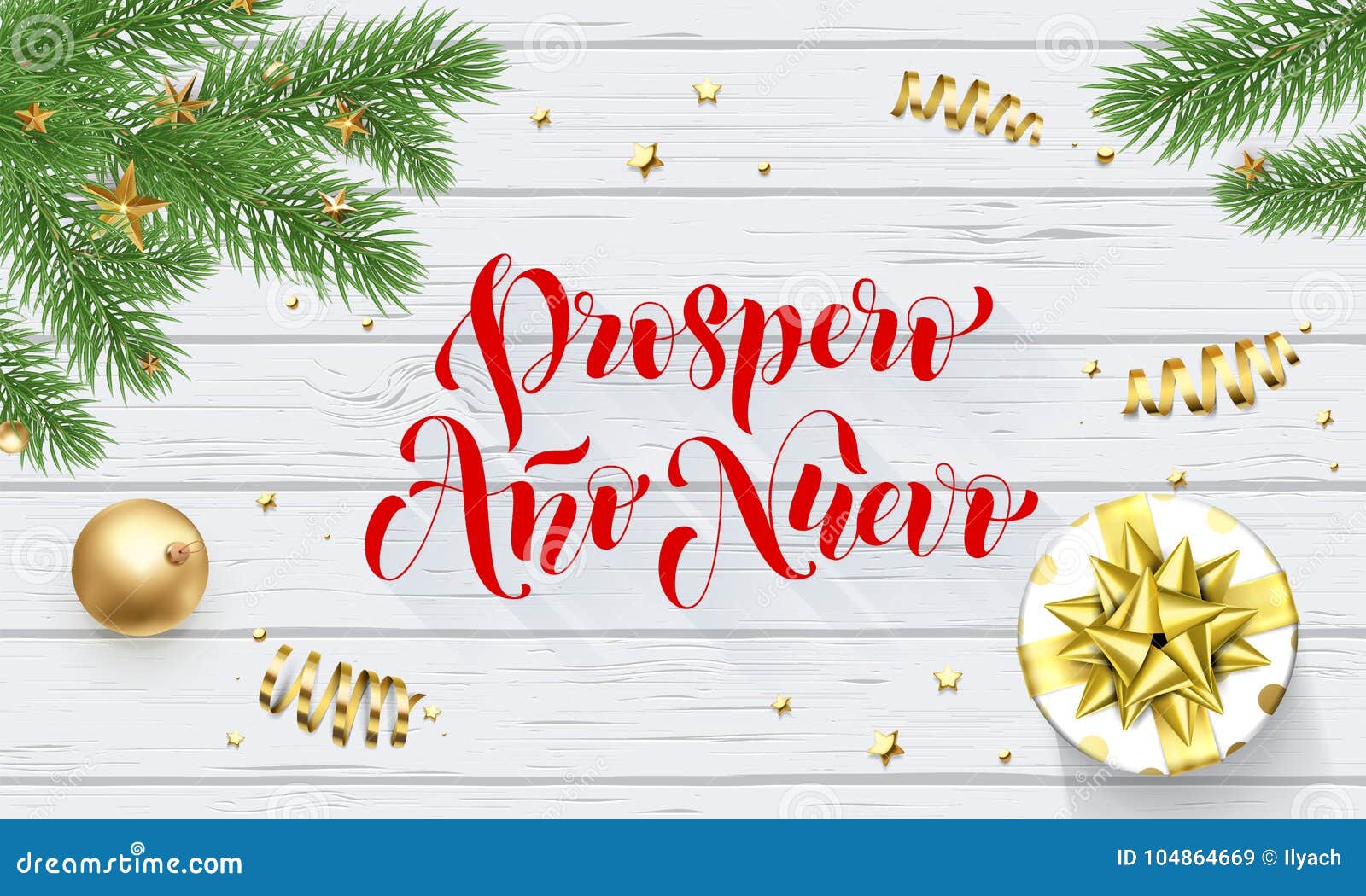 prospero ano nuevo spanish happy new year golden decoration and calligraphy font on white wooden background for greeting card. vec